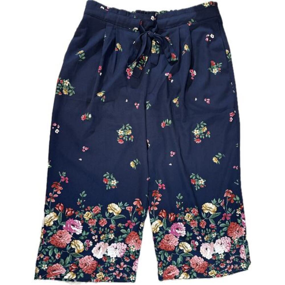 DR2 Womens Navy Floral Wide Leg Cropped‎ Flowy Relaxed Fit Lagenlook Pants XL